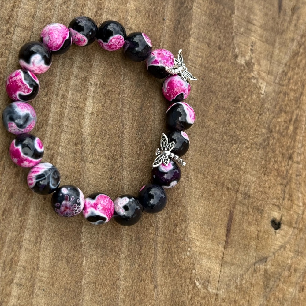 Pink and Black Rhodonite Beaded Bracelet with Butterfly Charms